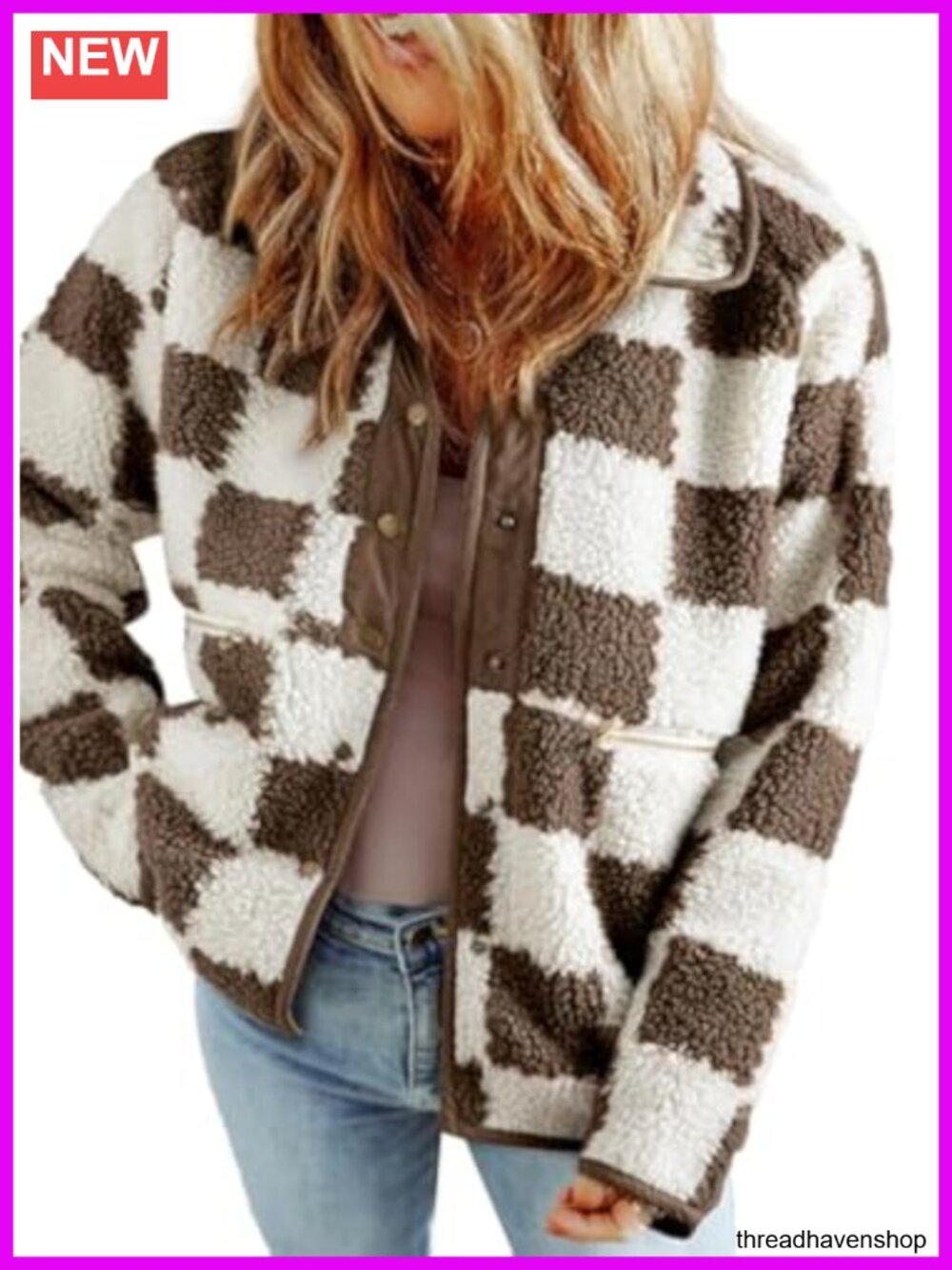 Sherpa Loose Button Down Plaid Fall Winter Jacket with Pockets